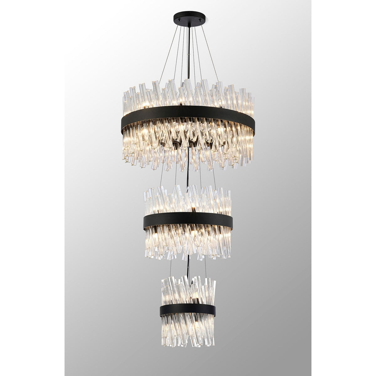 Kelly Three Tier Pendant 25cm, 40cm & 60cm Tiers in Satin Black & Clear Glass