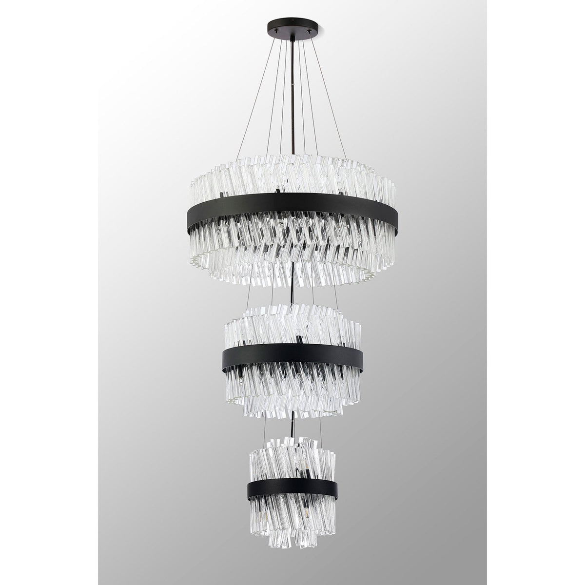 Kelly Three Tier Pendant 25cm, 40cm & 60cm Tiers in Satin Black & Clear Glass