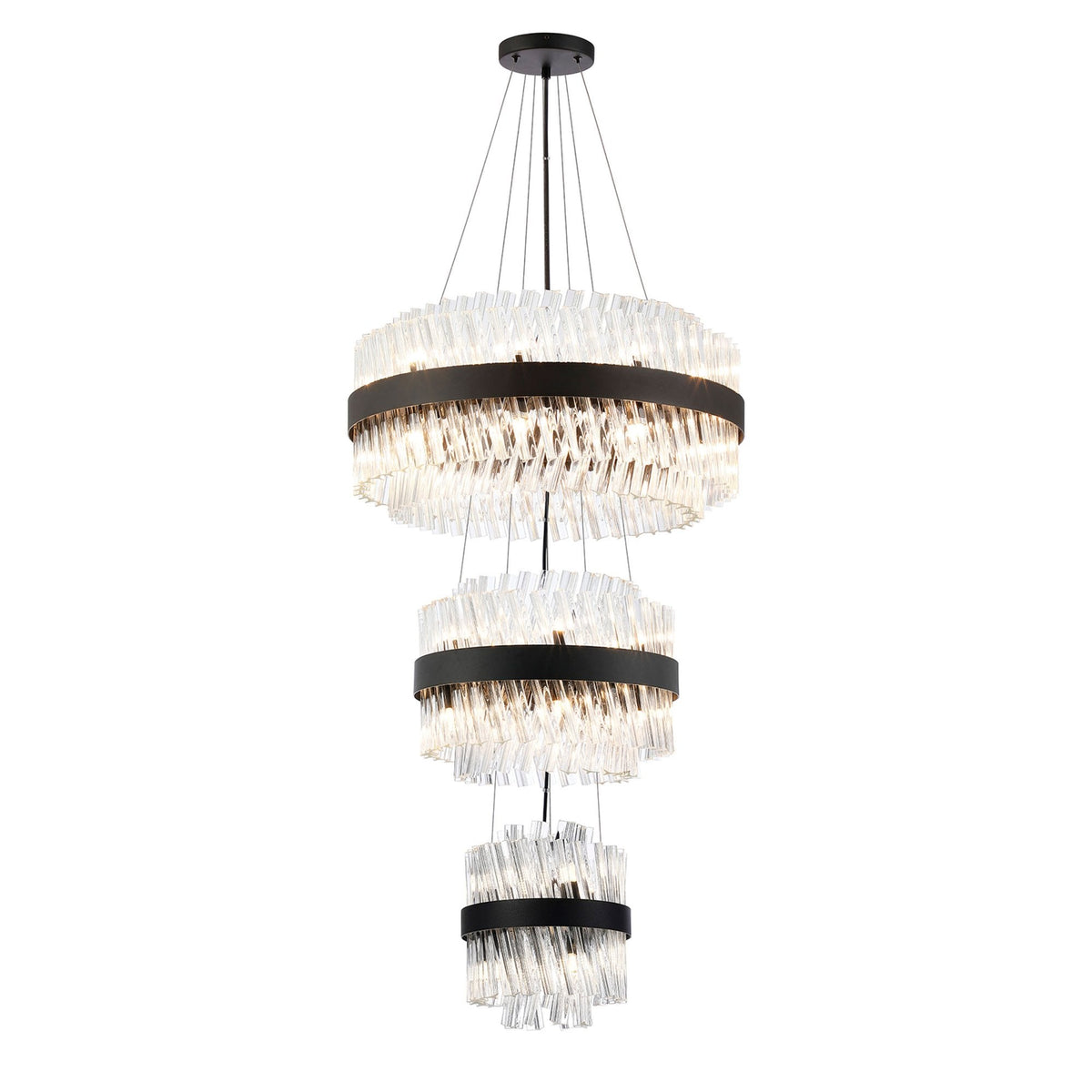 Kelly Three Tier Pendant 25cm, 40cm & 60cm Tiers in Satin Black & Clear Glass