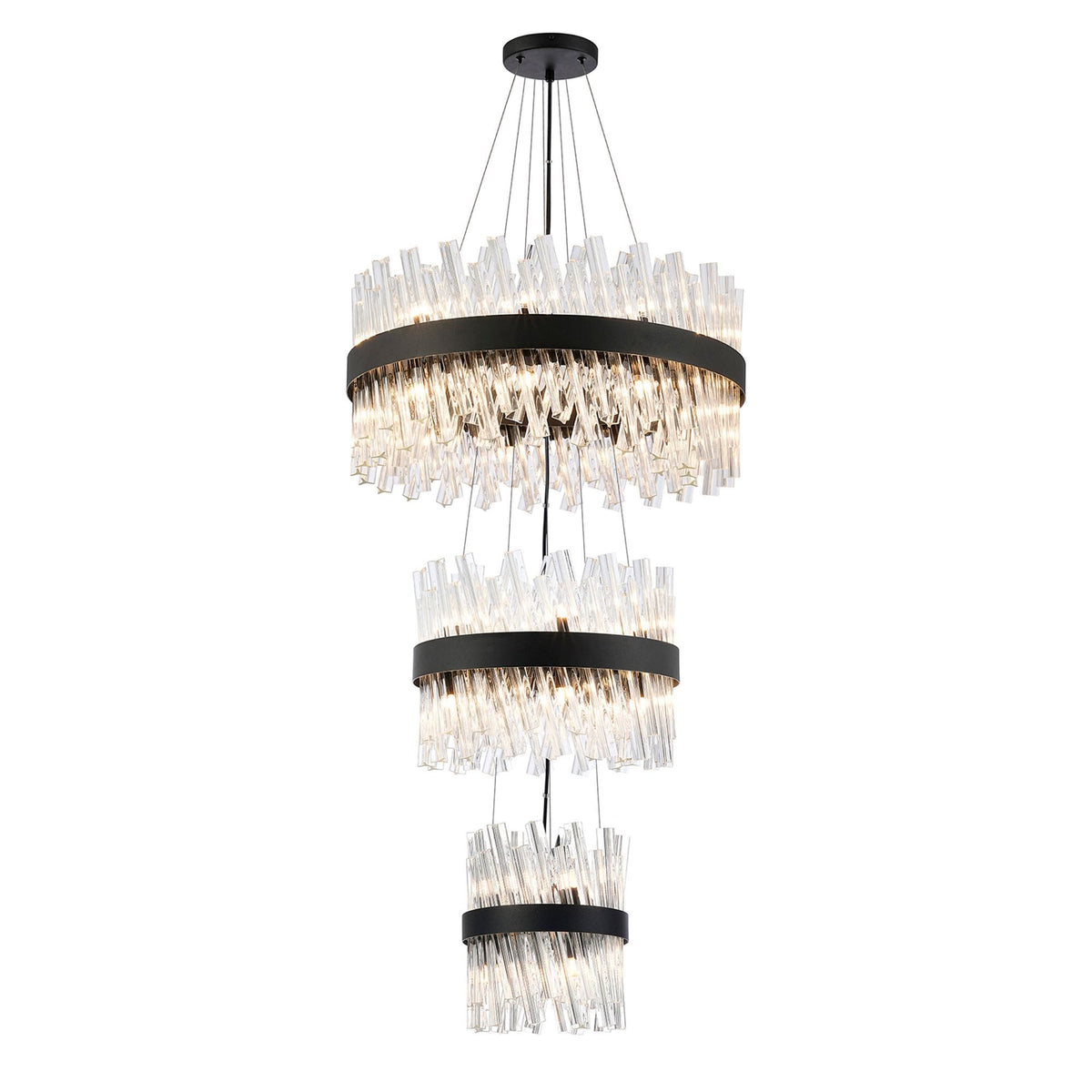 Kelly Three Tier Pendant 25cm, 40cm & 60cm Tiers in Satin Black & Clear Glass