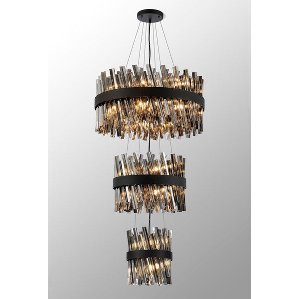 Kelly Three Tier Pendant 25cm, 40cm & 60cm Tiers in Satin Black & Smoke Glass