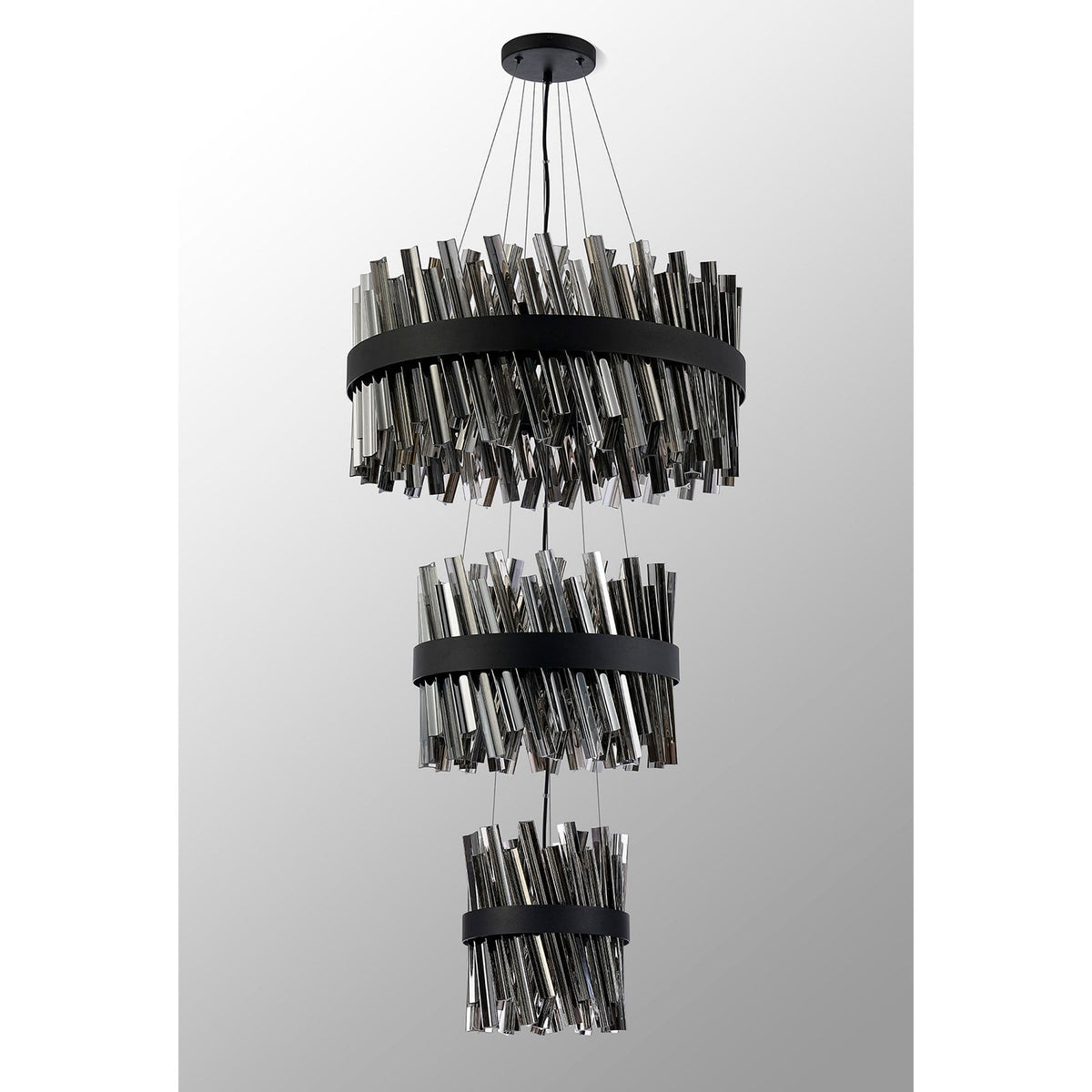 Kelly Three Tier Pendant 25cm, 40cm & 60cm Tiers in Satin Black & Smoke Glass