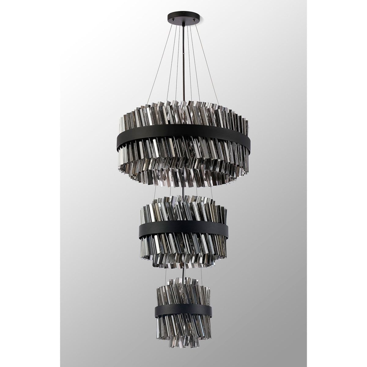 Kelly Three Tier Pendant 25cm, 40cm & 60cm Tiers in Satin Black & Smoke Glass