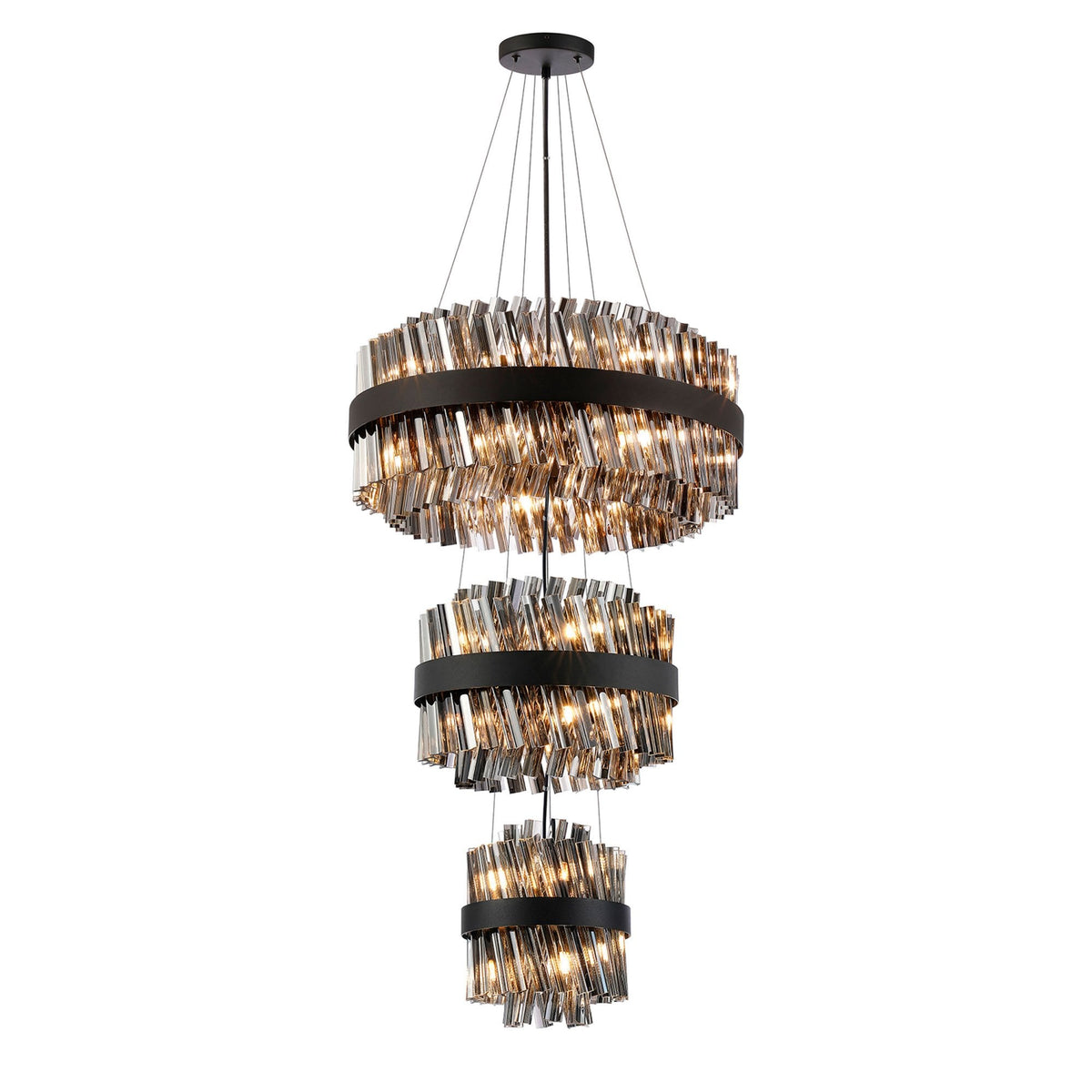Kelly Three Tier Pendant 25cm, 40cm & 60cm Tiers in Satin Black & Smoke Glass