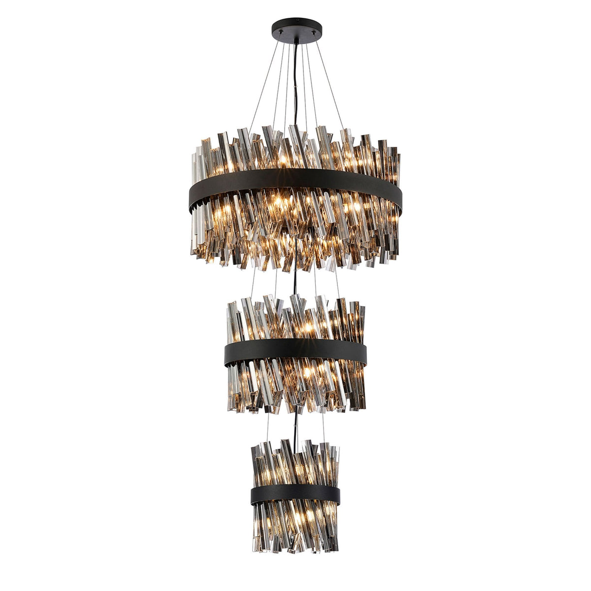 Kelly Three Tier Pendant 25cm, 40cm & 60cm Tiers in Satin Black & Smoke Glass