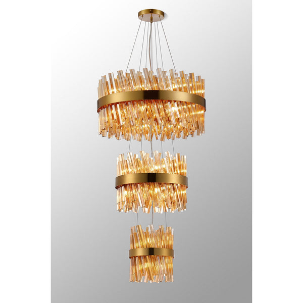 Kelly Three Tier Pendant 25cm, 40cm & 60cm Tiers in Brass & Amber Glass