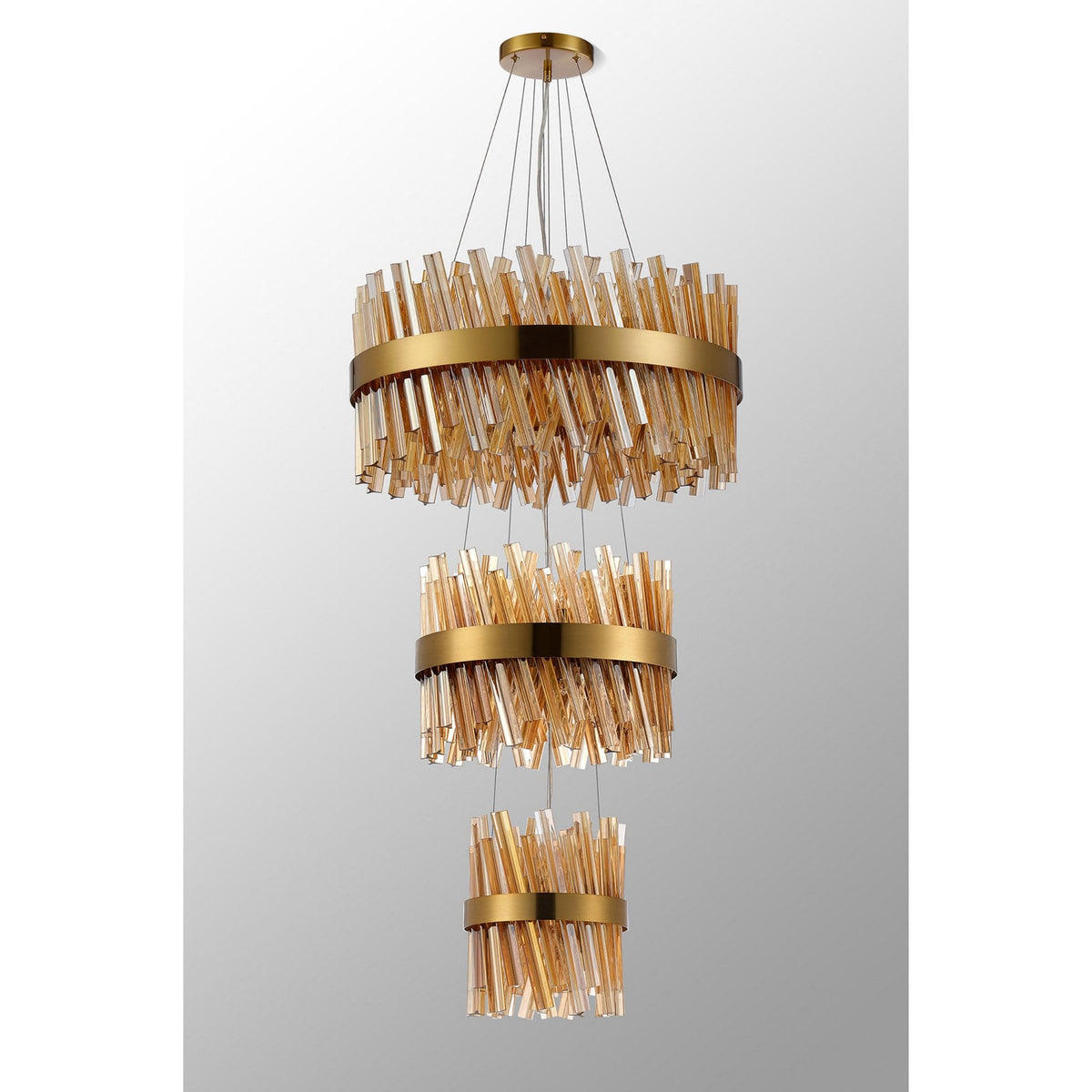 Kelly Three Tier Pendant 25cm, 40cm & 60cm Tiers in Brass & Amber Glass