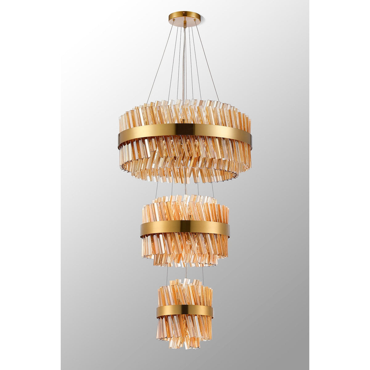 Kelly Three Tier Pendant 25cm, 40cm & 60cm Tiers in Brass & Amber Glass