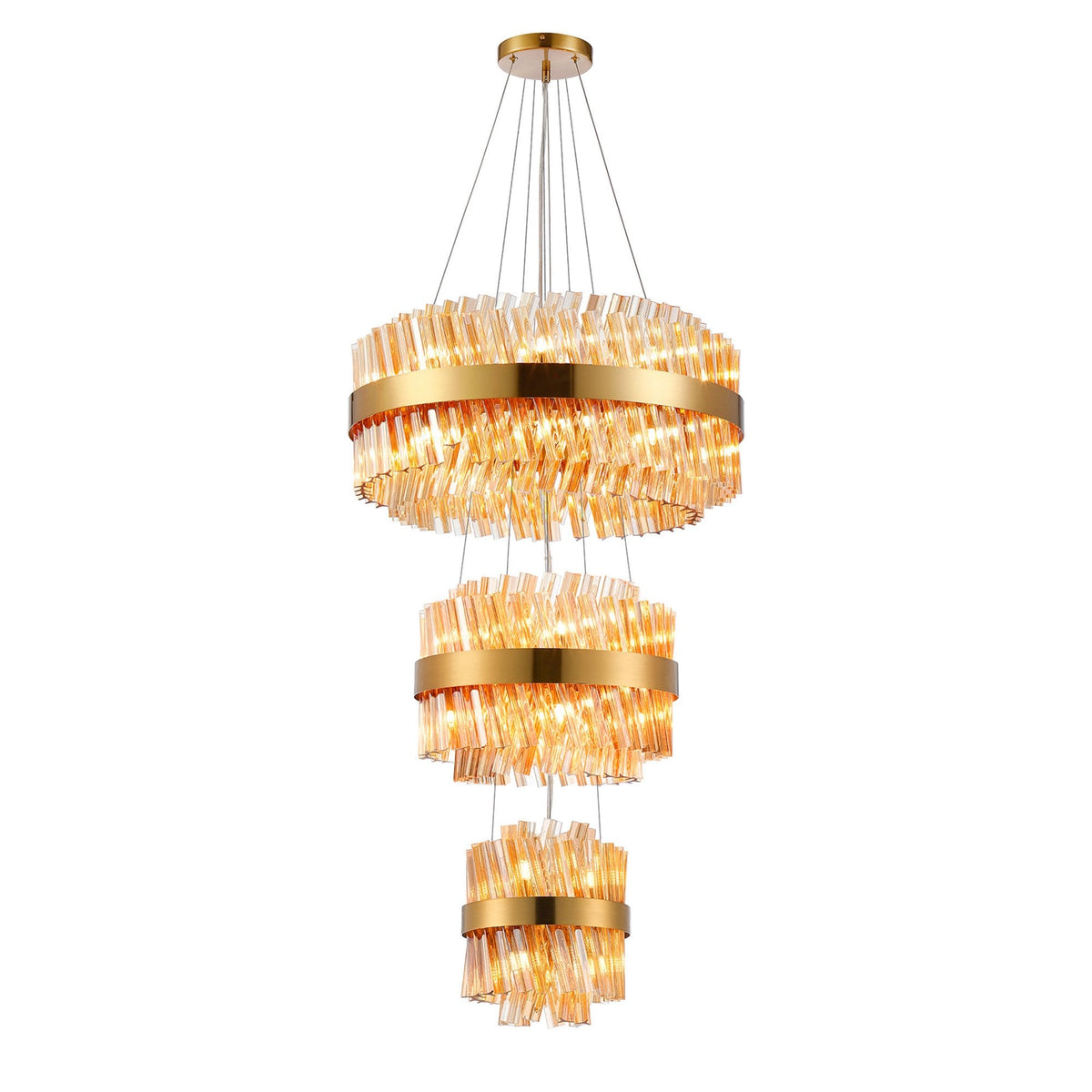 Kelly Three Tier Pendant 25cm, 40cm & 60cm Tiers in Brass & Amber Glass