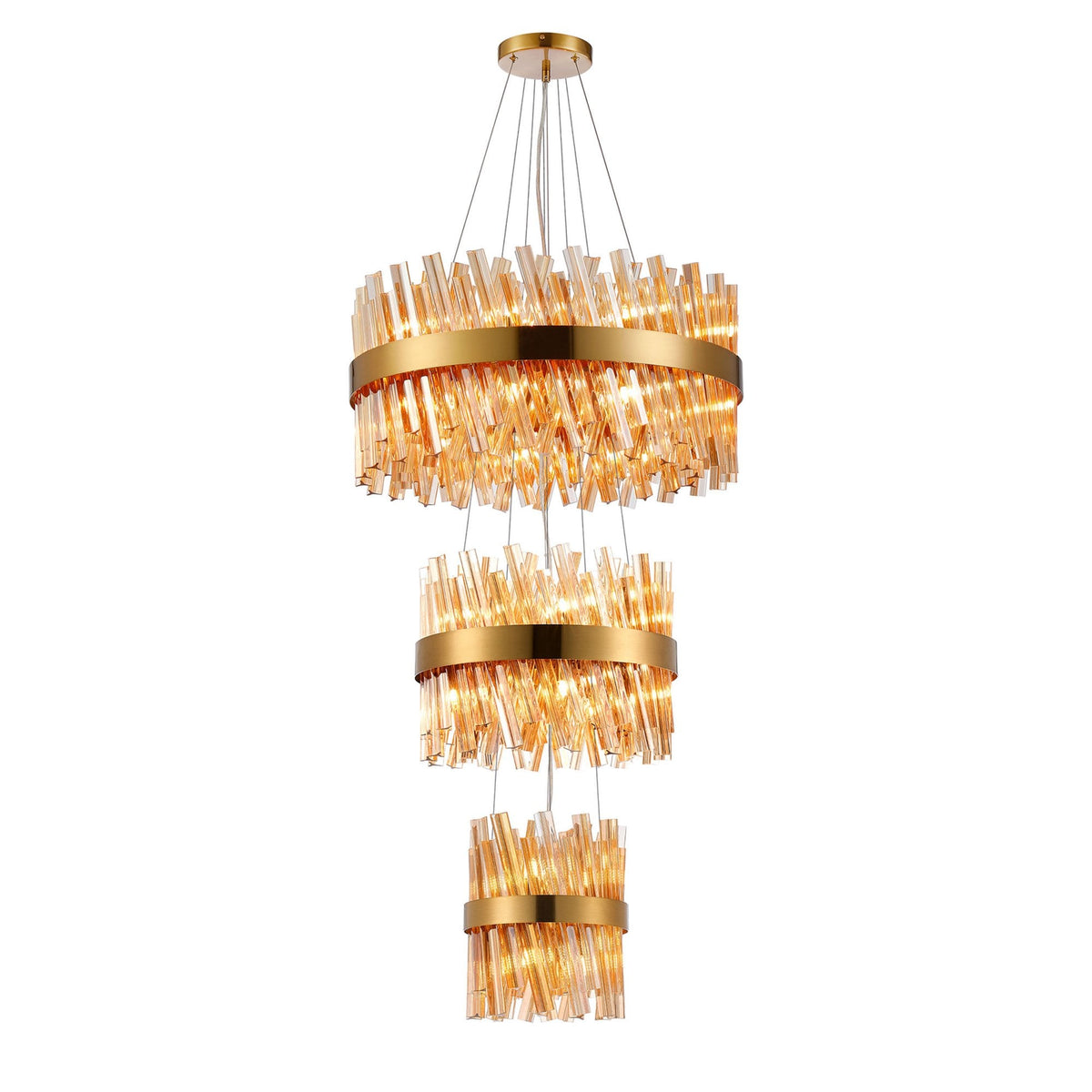 Kelly Three Tier Pendant 25cm, 40cm & 60cm Tiers in Brass & Amber Glass