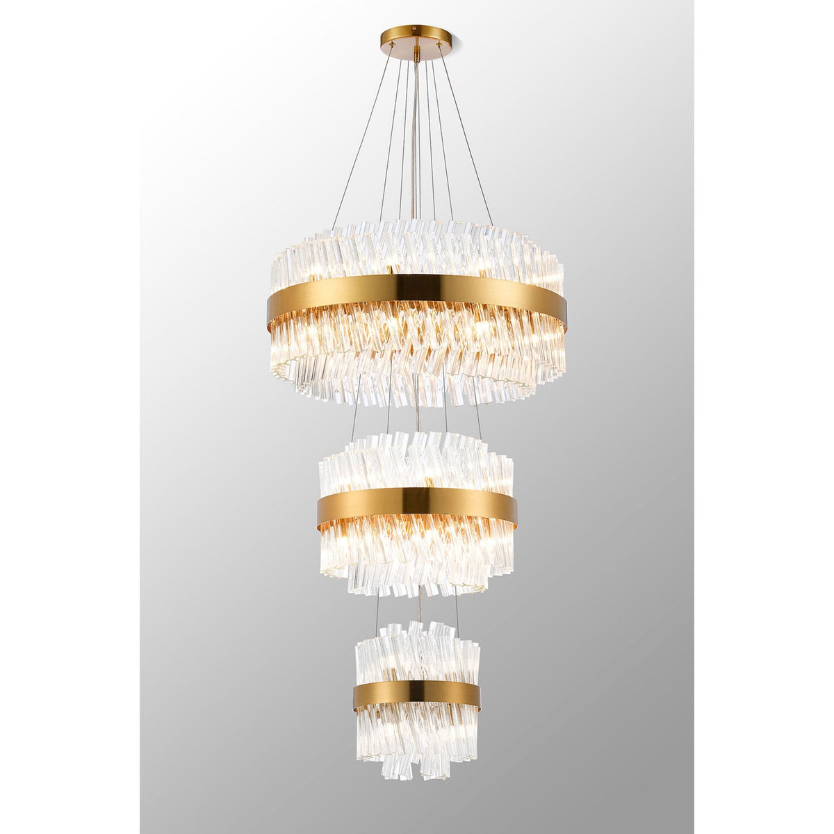 Kelly Three Tier Pendant 25cm, 40cm & 60cm Tiers in Brass & Clear Glass