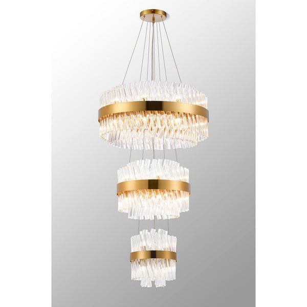 Kelly Three Tier Pendant 25cm, 40cm & 60cm Tiers in Brass & Clear Glass