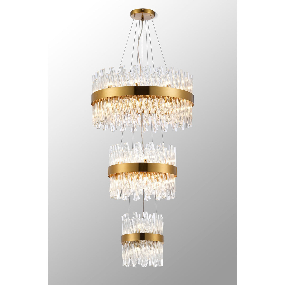 Kelly Three Tier Pendant 25cm, 40cm & 60cm Tiers in Brass & Clear Glass
