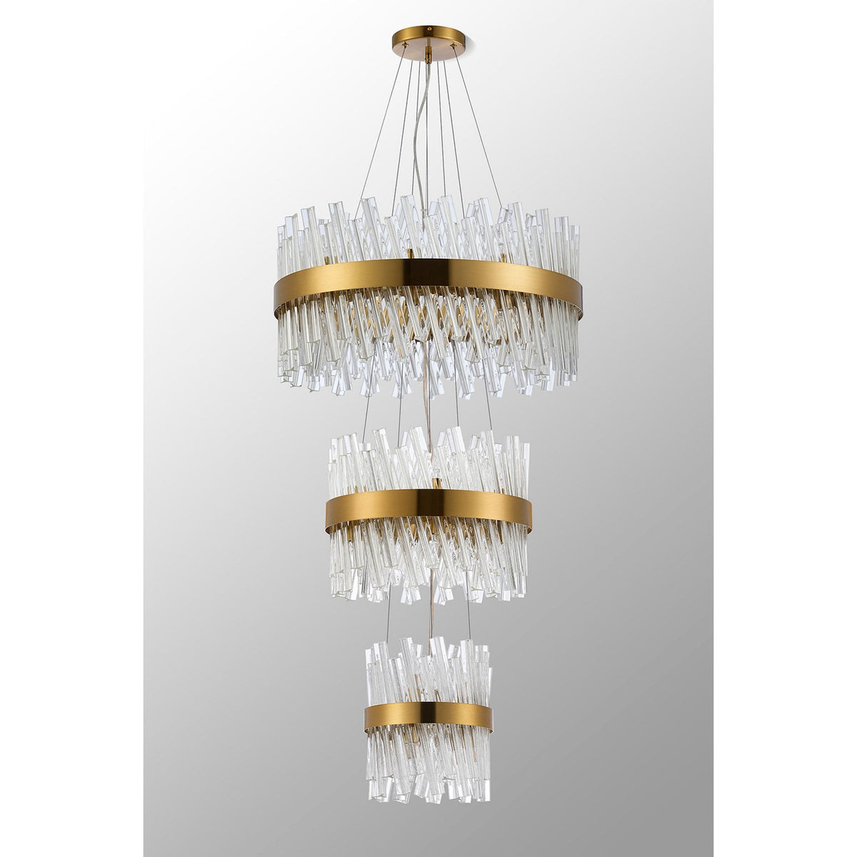 Kelly Three Tier Pendant 25cm, 40cm & 60cm Tiers in Brass & Clear Glass