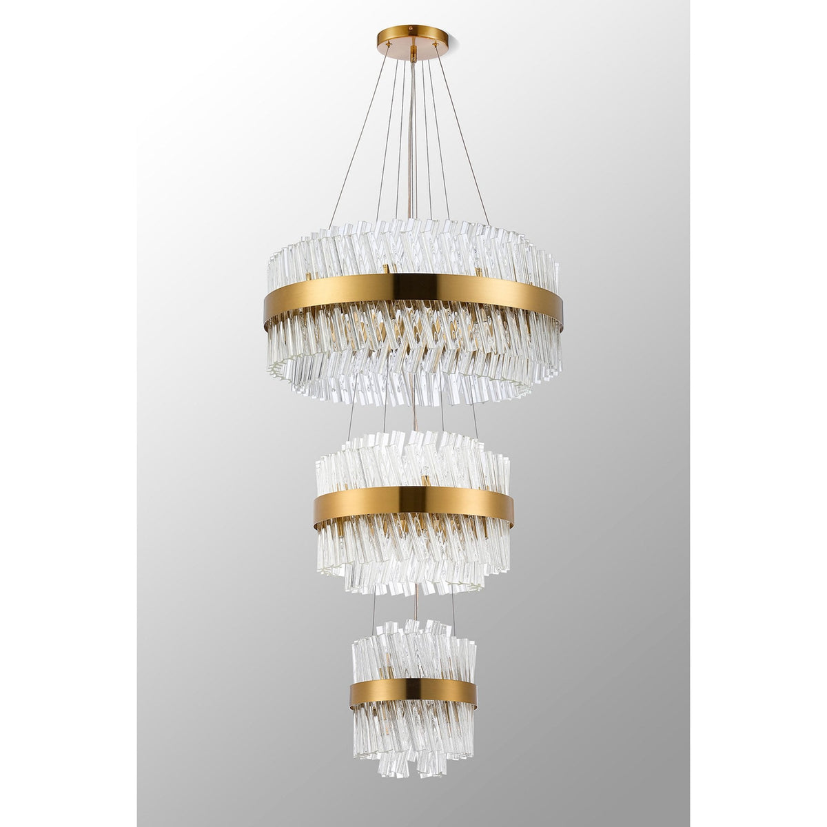 Kelly Three Tier Pendant 25cm, 40cm & 60cm Tiers in Brass & Clear Glass