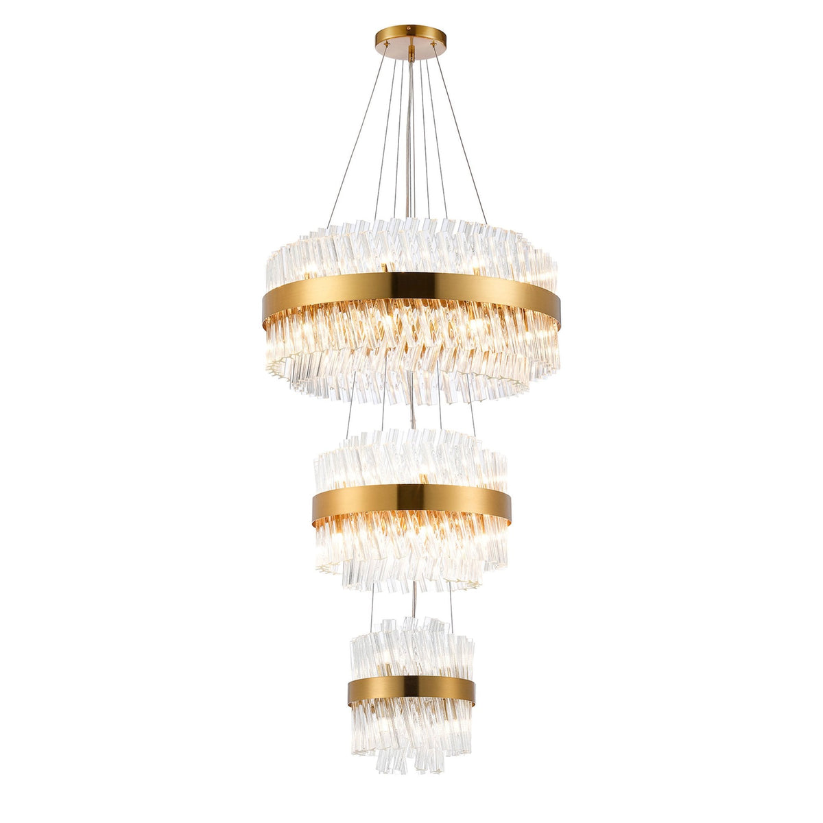 Kelly Three Tier Pendant 25cm, 40cm & 60cm Tiers in Brass & Clear Glass
