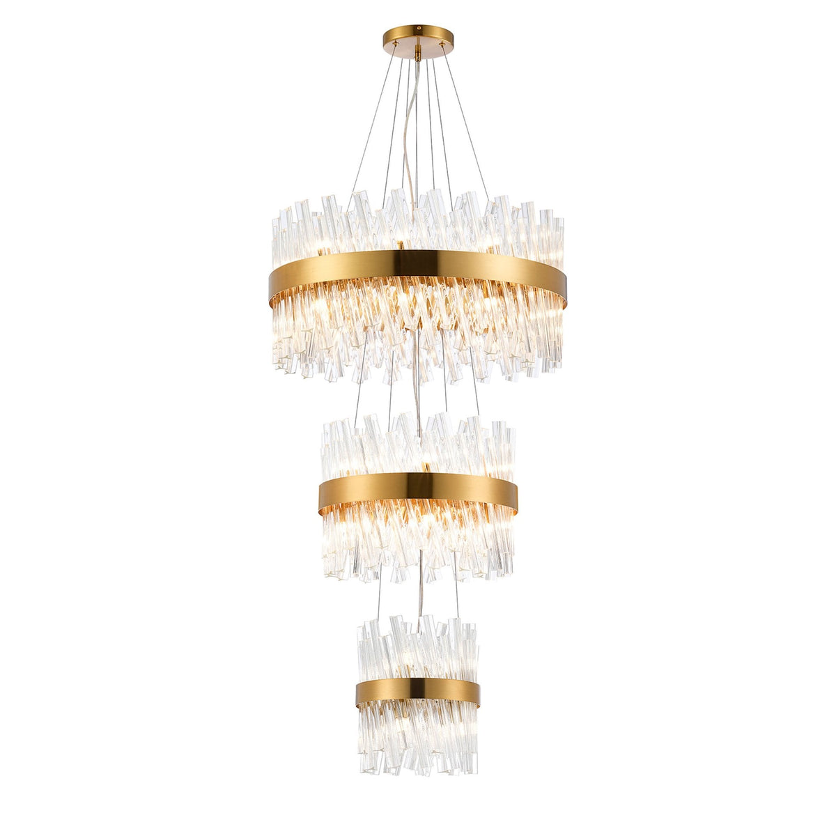Kelly Three Tier Pendant 25cm, 40cm & 60cm Tiers in Brass & Clear Glass