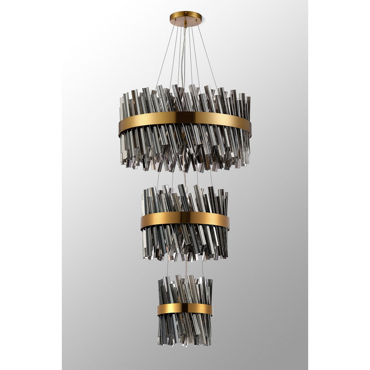 Kelly Three Tier Pendant 25cm, 40cm & 60cm Tiers in Brass & Smoke Glass
