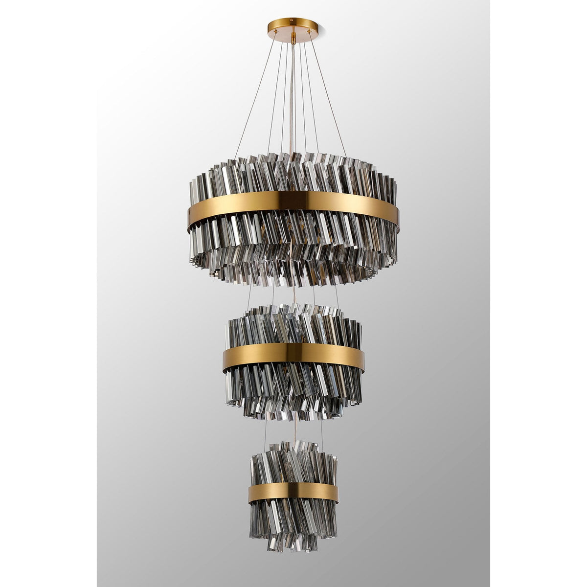 Kelly Three Tier Pendant 25cm, 40cm & 60cm Tiers in Brass & Smoke Glass