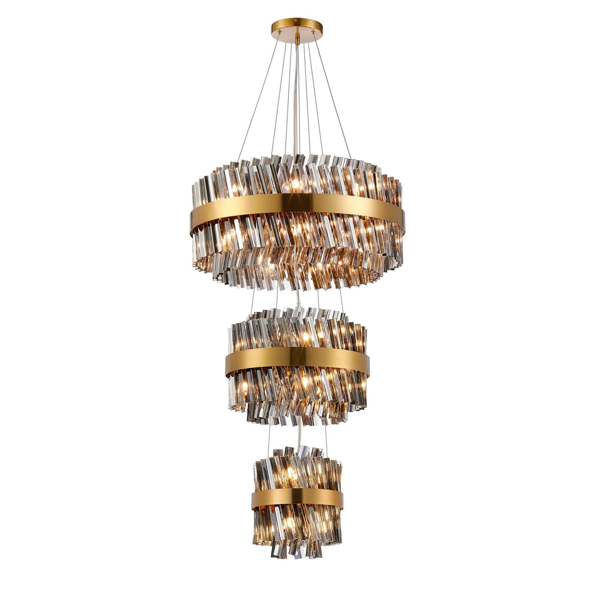 Kelly Three Tier Pendant 25cm, 40cm & 60cm Tiers in Brass & Smoke Glass