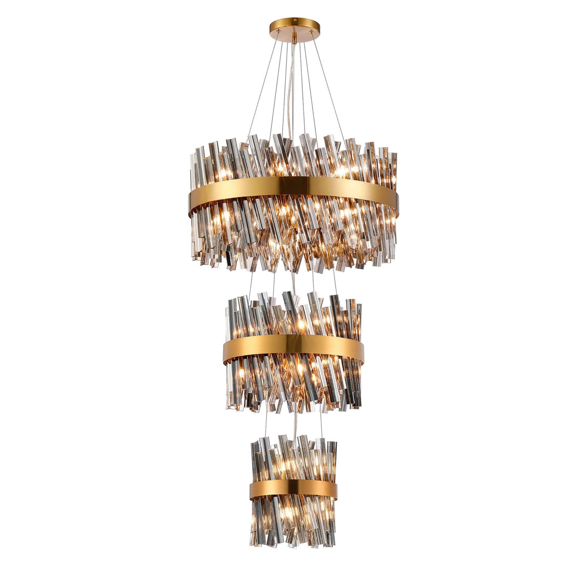 Kelly Three Tier Pendant 25cm, 40cm & 60cm Tiers in Brass & Smoke Glass