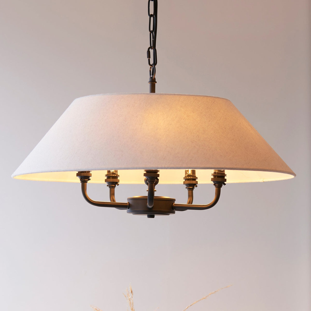 Lille Five Light Pendant in Matt Black with Tapered Natural Linen Shade