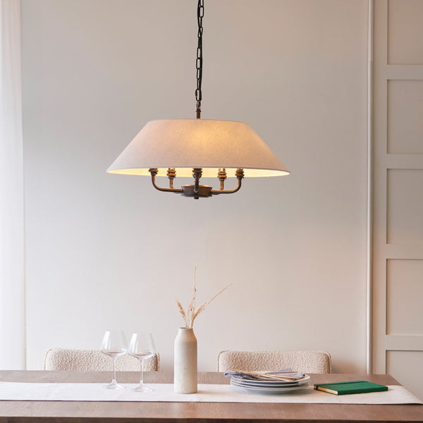 Lille Five Light Pendant in Matt Black with Tapered Natural Linen Shade