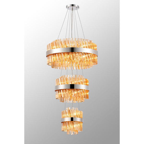Kelly Three Tier Pendant 25cm, 40cm & 60cm Tiers in Polished Nickel & Amber Glass