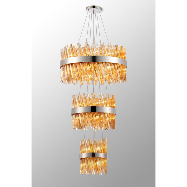Kelly Three Tier Pendant 25cm, 40cm & 60cm Tiers in Polished Nickel & Amber Glass