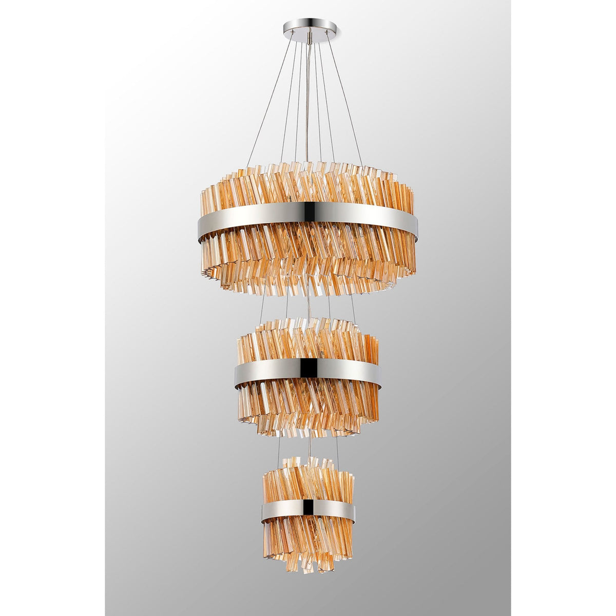 Kelly Three Tier Pendant 25cm, 40cm & 60cm Tiers in Polished Nickel & Amber Glass