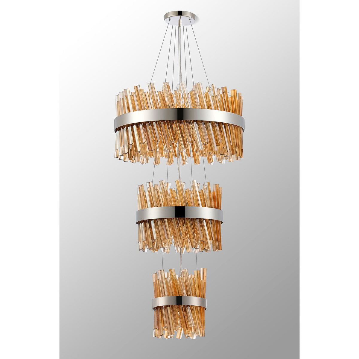 Kelly Three Tier Pendant 25cm, 40cm & 60cm Tiers in Polished Nickel & Amber Glass