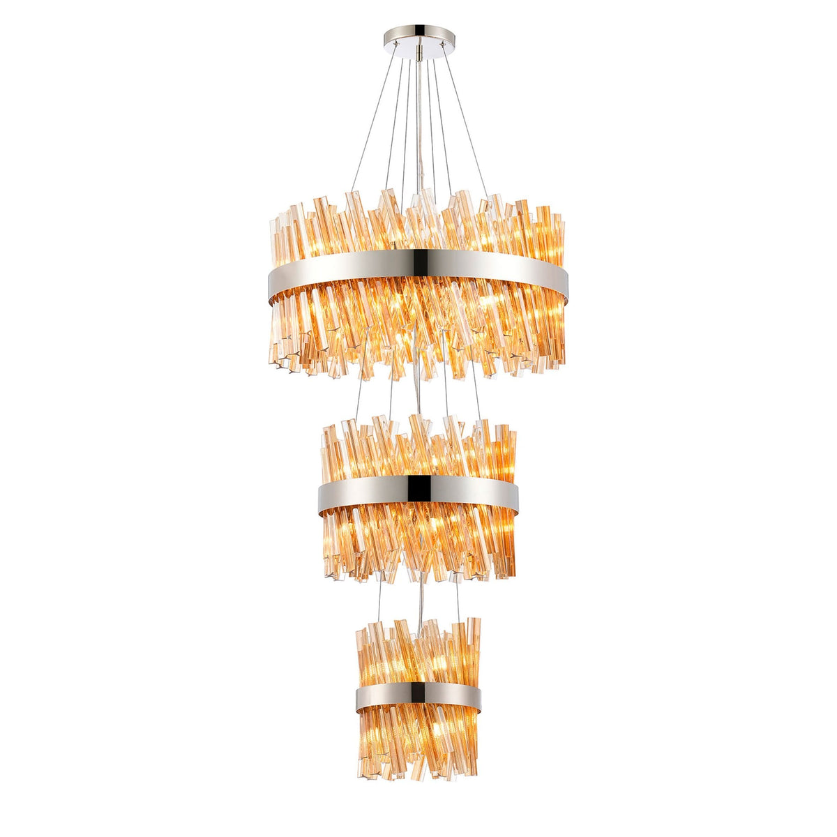 Kelly Three Tier Pendant 25cm, 40cm & 60cm Tiers in Polished Nickel & Amber Glass