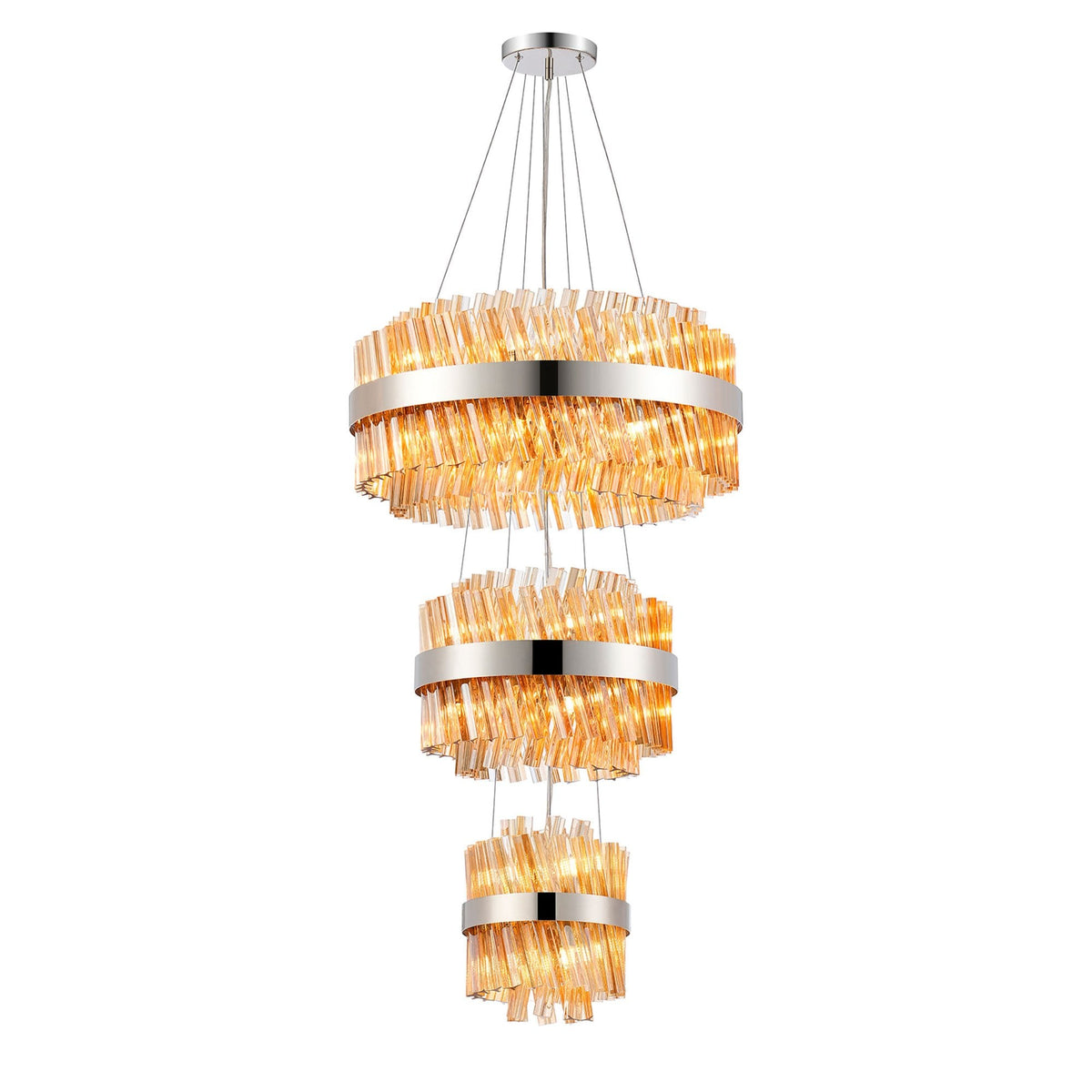 Kelly Three Tier Pendant 25cm, 40cm & 60cm Tiers in Polished Nickel & Amber Glass