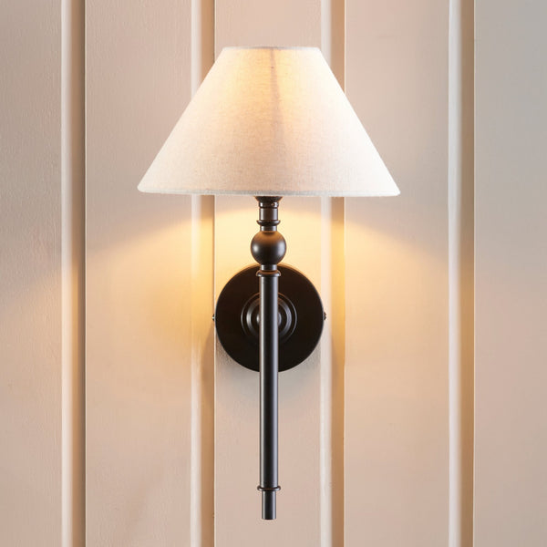 Lille Wall Light in Matt Black with Tapered Natural Linen Shade