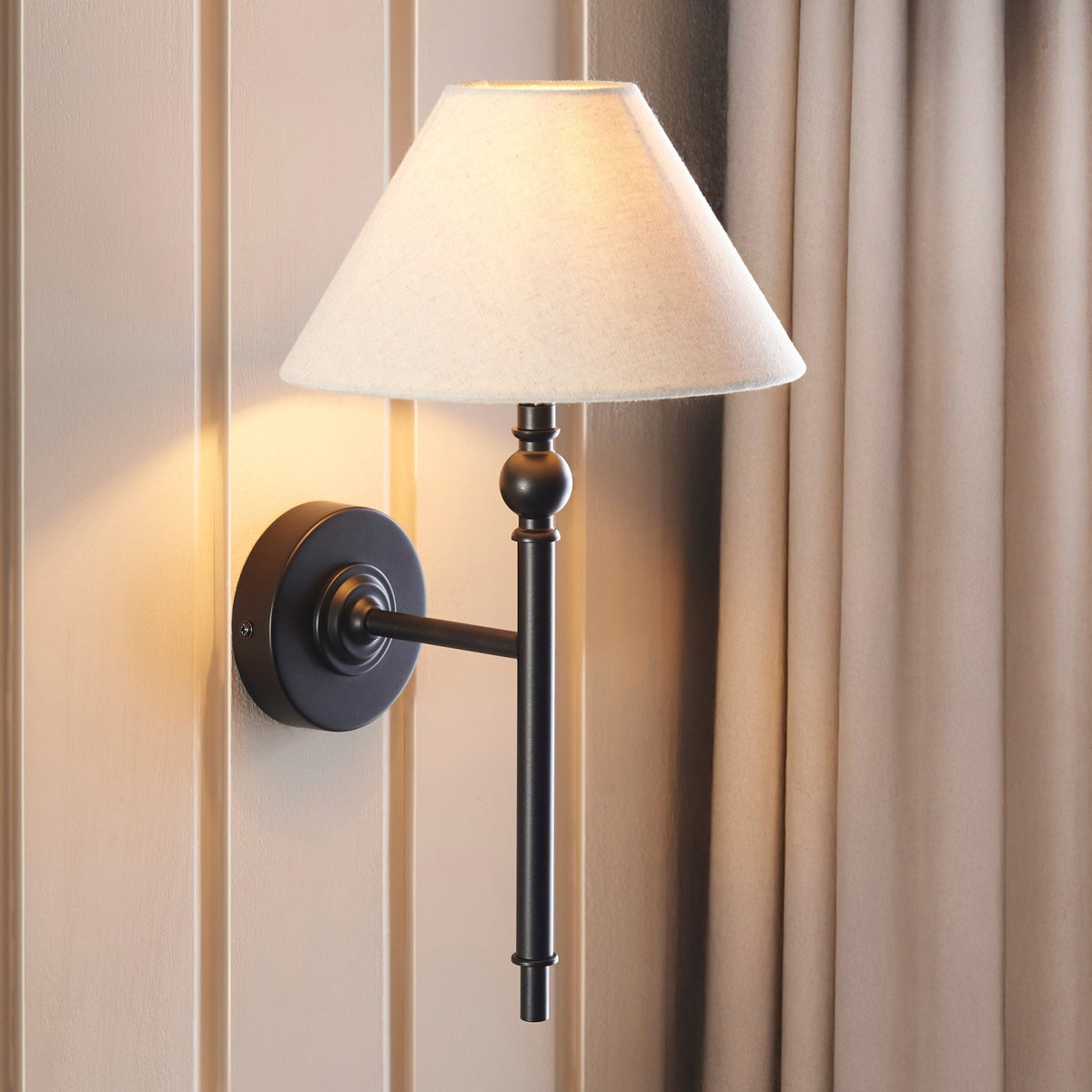 Lille Wall Light in Matt Black with Tapered Natural Linen Shade