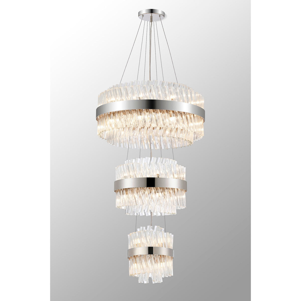 Kelly Three Tier Pendant 25cm, 40cm & 60cm Tiers in Polished Nickel & Clear Glass