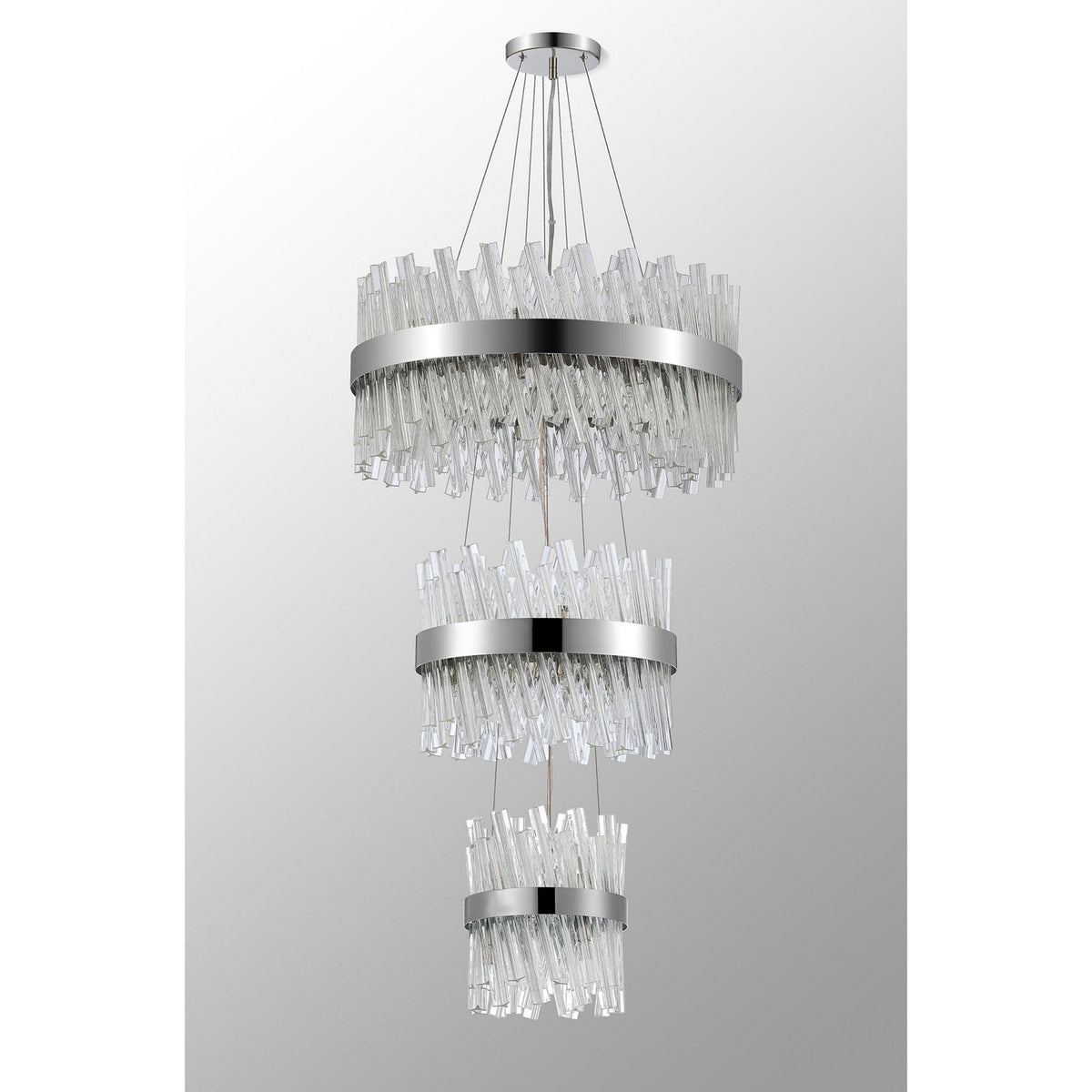 Kelly Three Tier Pendant 25cm, 40cm & 60cm Tiers in Polished Nickel & Clear Glass