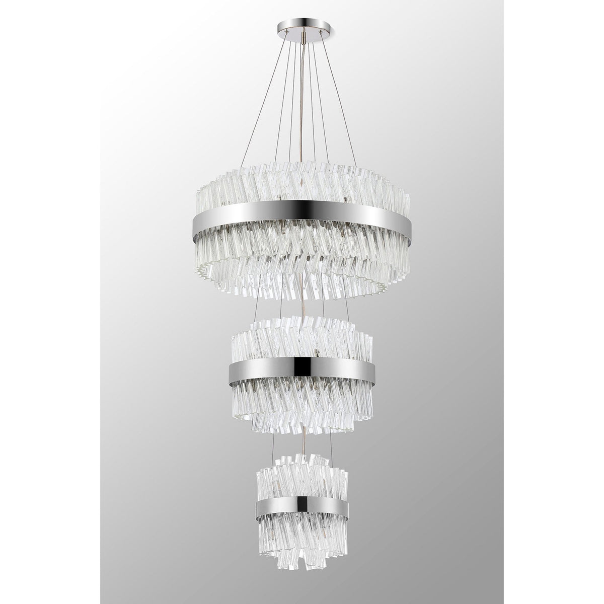 Kelly Three Tier Pendant 25cm, 40cm & 60cm Tiers in Polished Nickel & Clear Glass