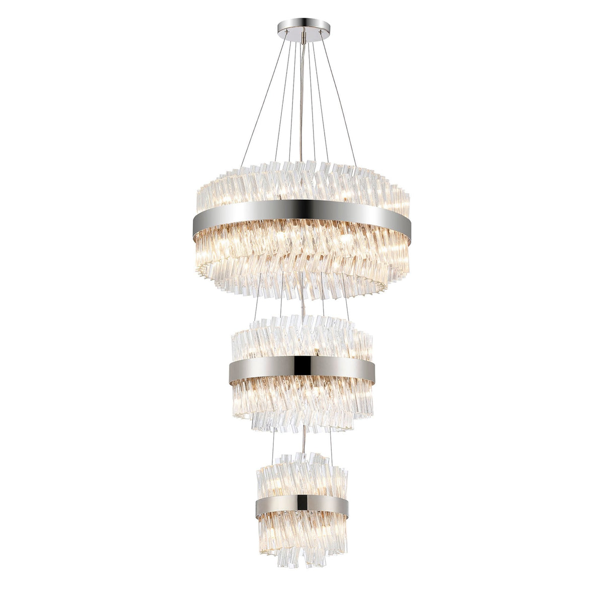 Kelly Three Tier Pendant 25cm, 40cm & 60cm Tiers in Polished Nickel & Clear Glass