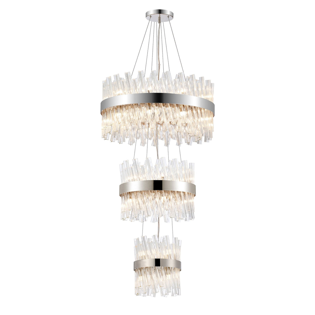 Kelly Three Tier Pendant 25cm, 40cm & 60cm Tiers in Polished Nickel & Clear Glass