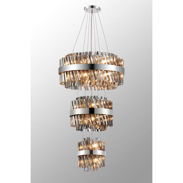 Kelly Three Tier Pendant 25cm, 40cm & 60cm Tiers in Polished Nickel & Smoke Glass