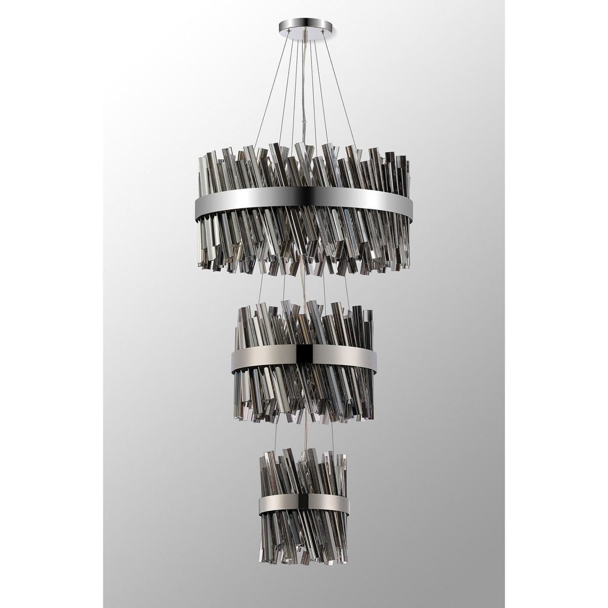 Kelly Three Tier Pendant 25cm, 40cm & 60cm Tiers in Polished Nickel & Smoke Glass