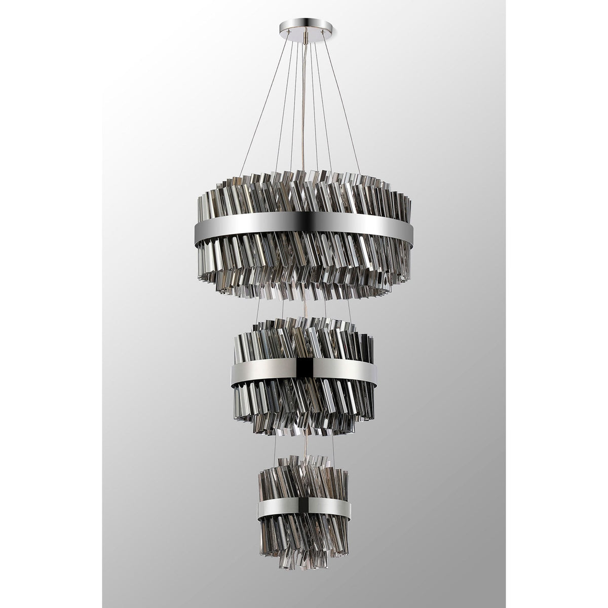 Kelly Three Tier Pendant 25cm, 40cm & 60cm Tiers in Polished Nickel & Smoke Glass
