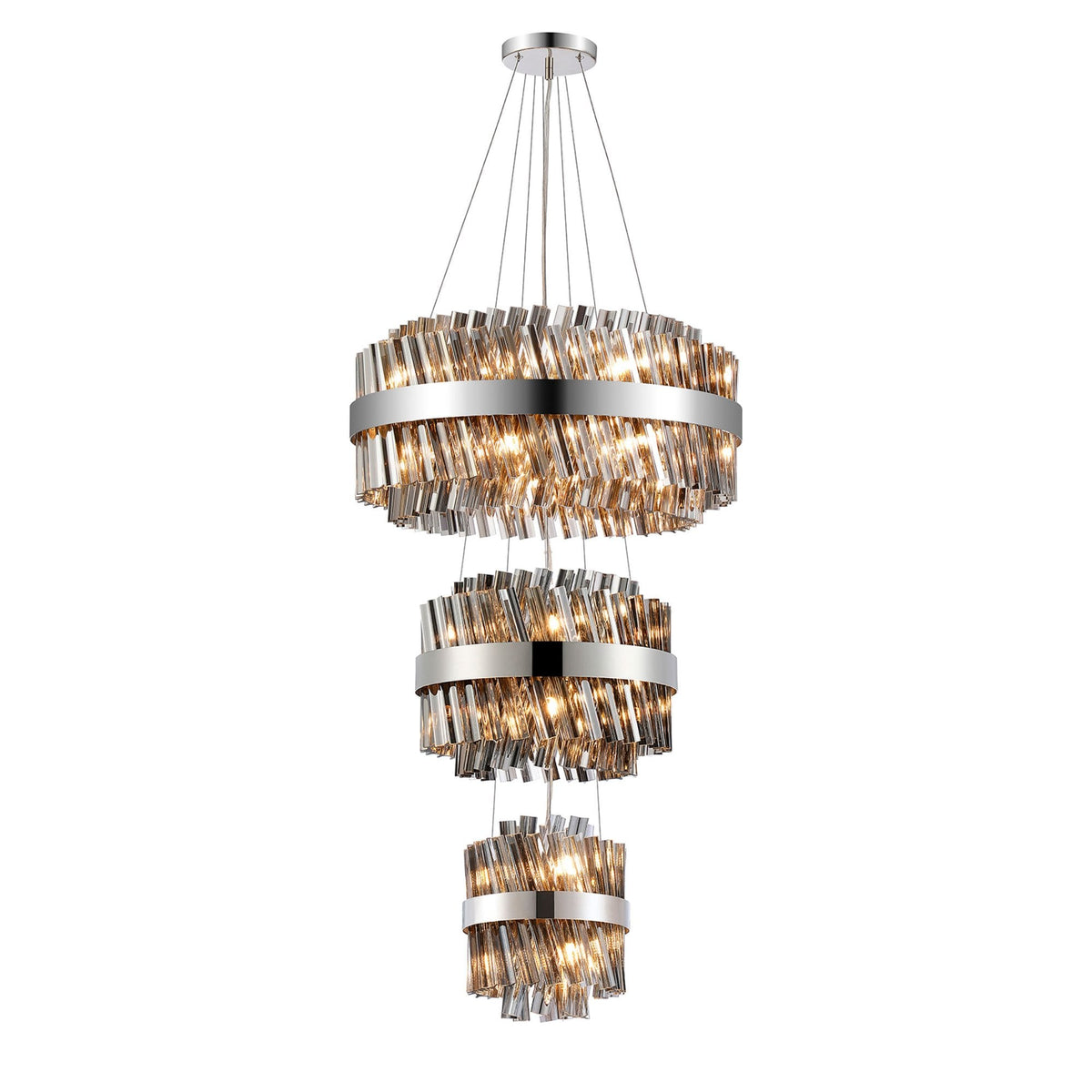 Kelly Three Tier Pendant 25cm, 40cm & 60cm Tiers in Polished Nickel & Smoke Glass
