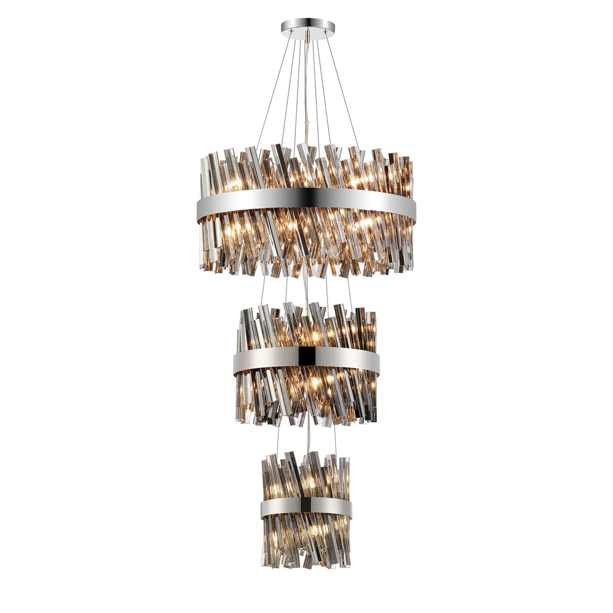 Kelly Three Tier Pendant 25cm, 40cm & 60cm Tiers in Polished Nickel & Smoke Glass