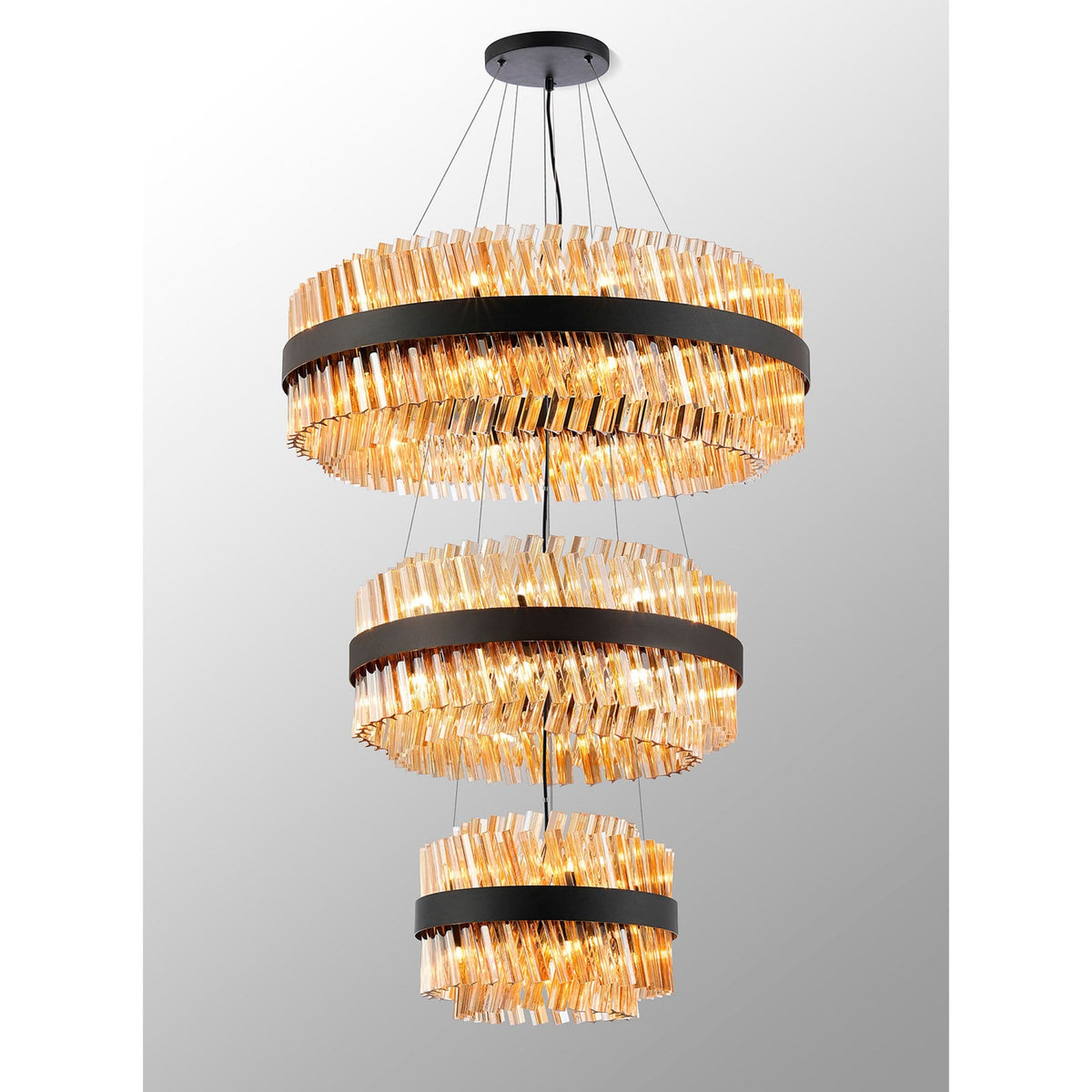 Kelly Three Tier Pendant 40cm, 60cm & 80cm Tiers in Satin Black & Amber Glass