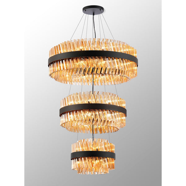 Kelly Three Tier Pendant 40cm, 60cm & 80cm Tiers in Satin Black & Amber Glass