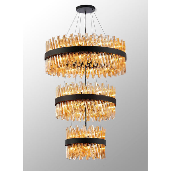 Kelly Three Tier Pendant 40cm, 60cm & 80cm Tiers in Satin Black & Amber Glass