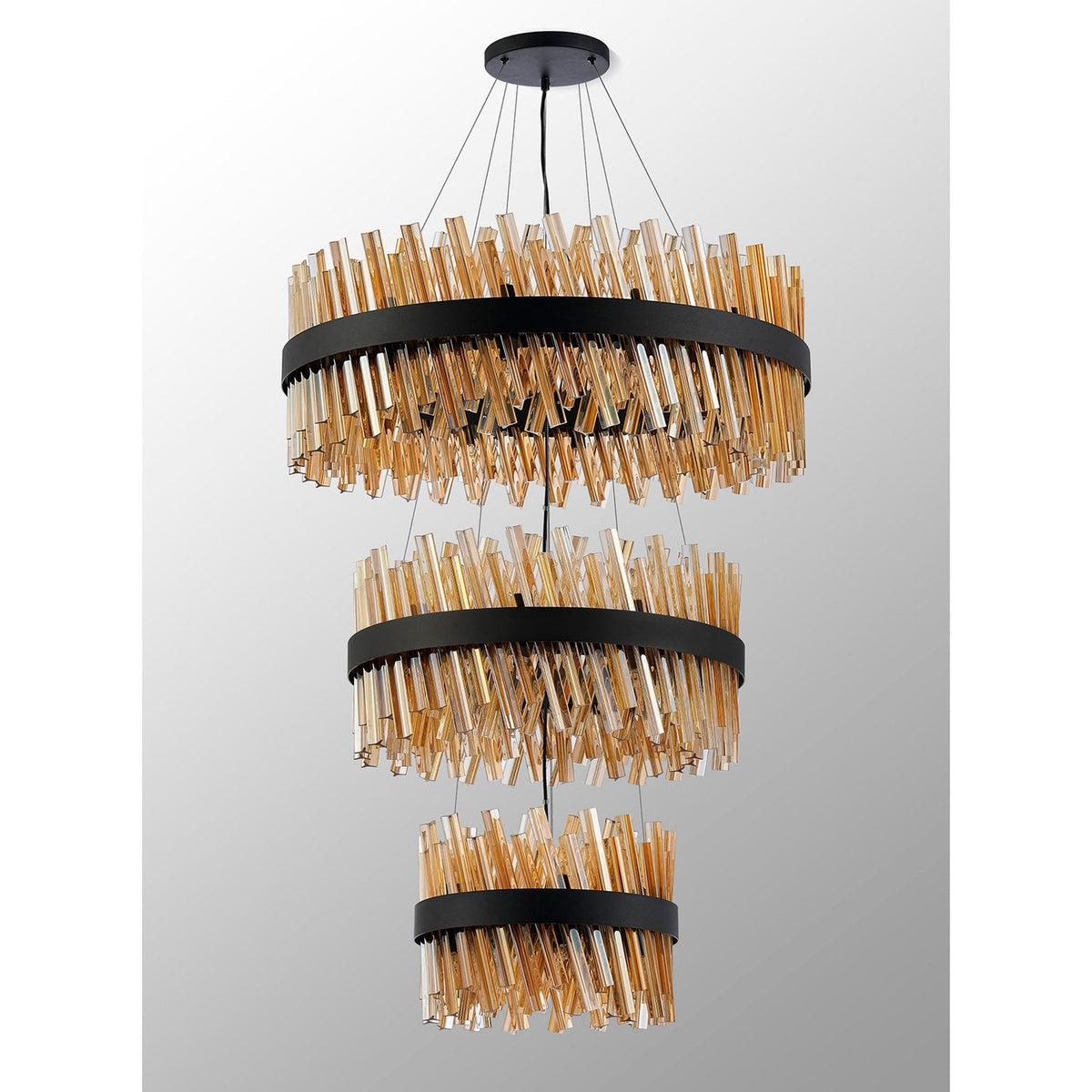 Kelly Three Tier Pendant 40cm, 60cm & 80cm Tiers in Satin Black & Amber Glass