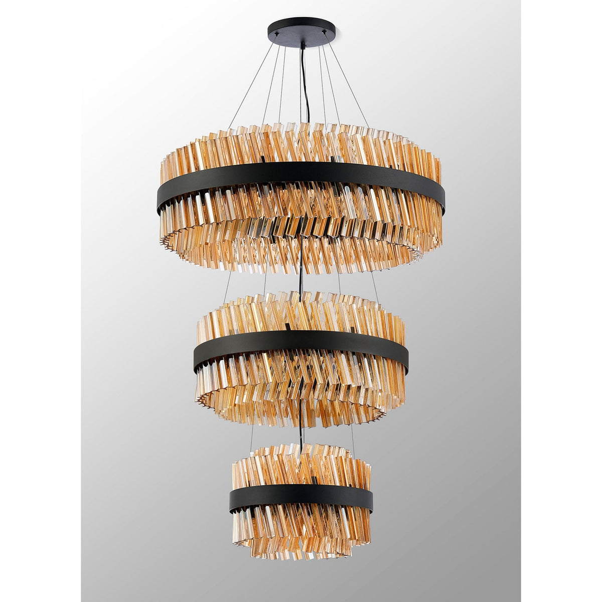 Kelly Three Tier Pendant 40cm, 60cm & 80cm Tiers in Satin Black & Amber Glass